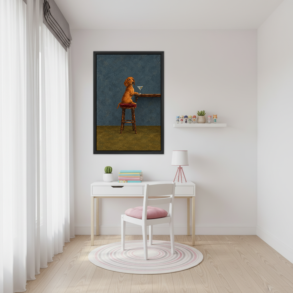 Dachshund Martini Bar Stool Canvas Wall Art framed above a white desk beside a pale pink chair.