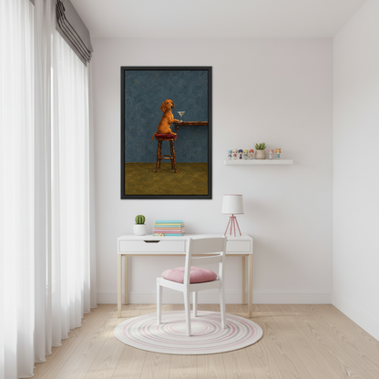 Dachshund Martini Bar Stool Canvas Wall Art framed above a white desk beside a pale pink chair.