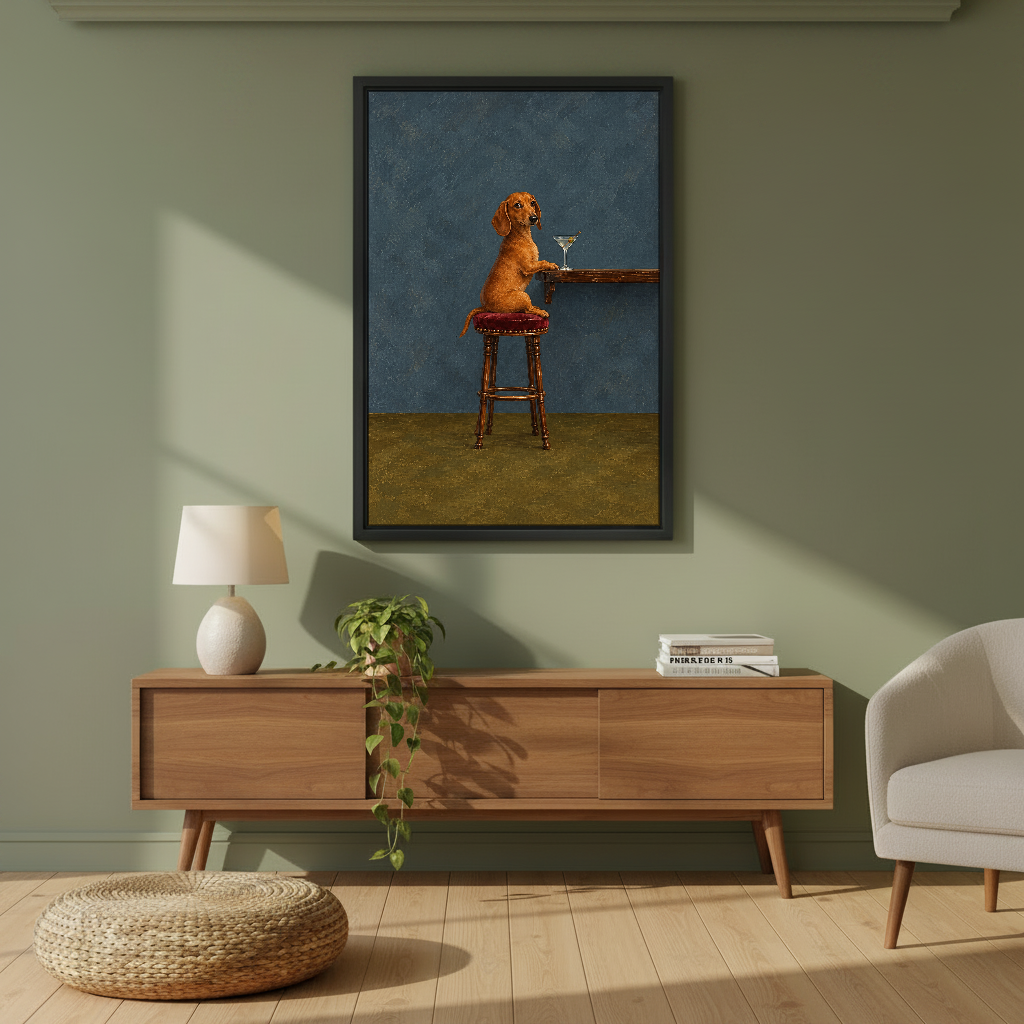 Dachshund Martini Bar Stool Canvas Wall Art framed above a wood console against an olive wall.