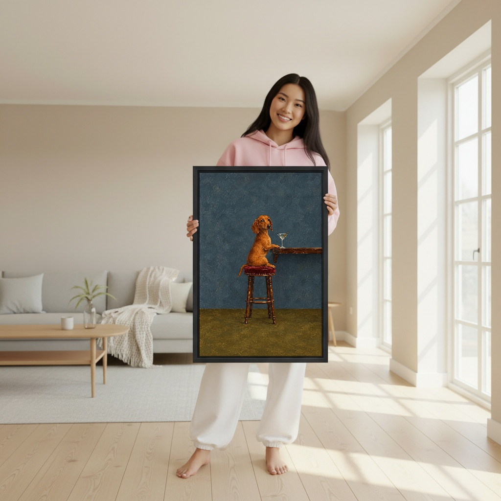 Dachshund Martini Bar Stool Canvas Wall Art held in a black frame by a woman in pink.