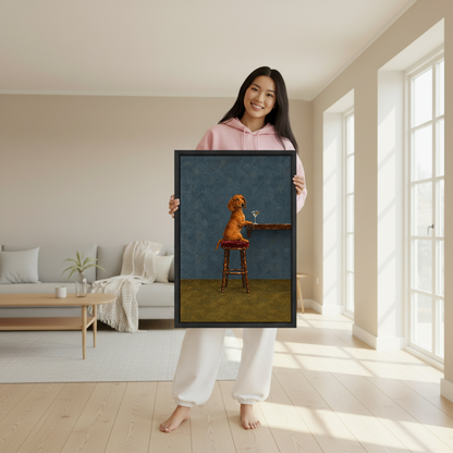 Dachshund Martini Bar Stool Canvas Wall Art held in a black frame by a woman in pink.