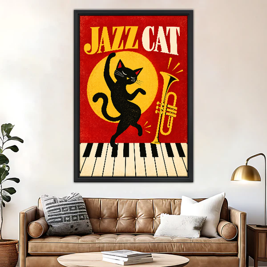 Dancing Jazz Cat Canvas Wall Art framed above a brown leather sofa and brass lamp.