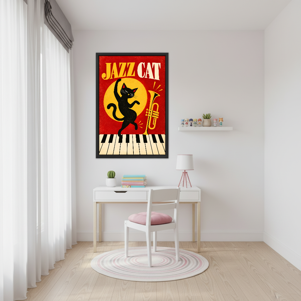 Dancing Jazz Cat Canvas Wall Art framed above a white desk beside a pale pink chair.