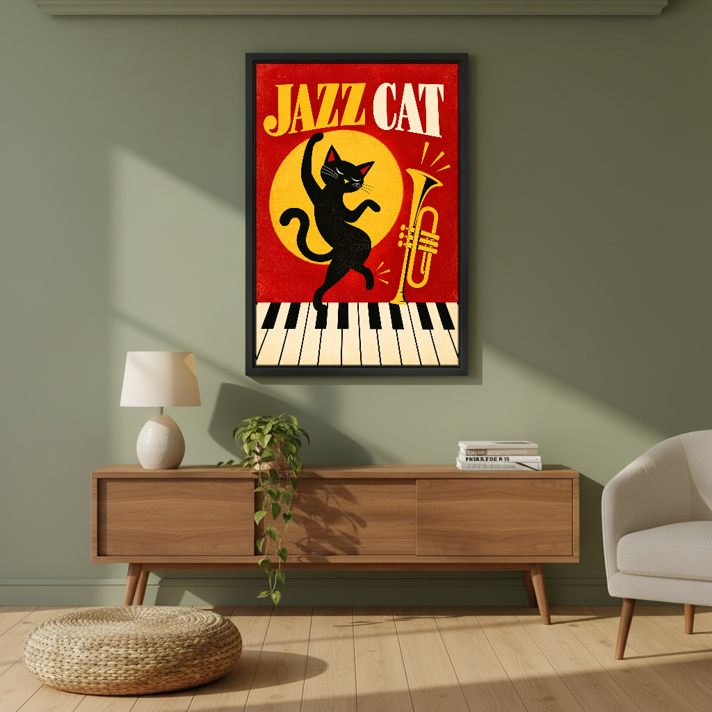 Dancing Jazz Cat Canvas Wall Art framed above a wood console against an olive wall.