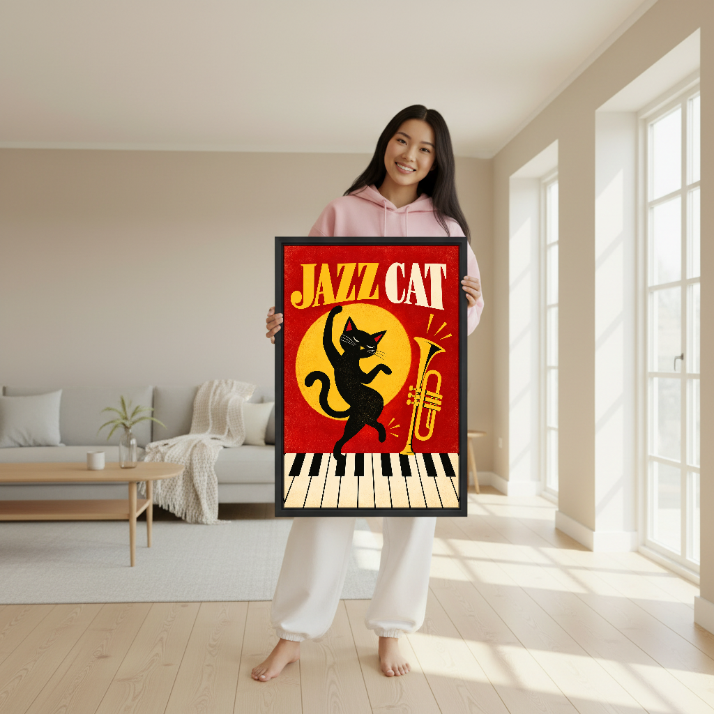 Dancing Jazz Cat Canvas Wall Art held in a black frame by a woman in pink.