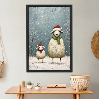 Cozy Christmas Sheep Pair Canvas Wall Art framed above a light wood console with cacti.