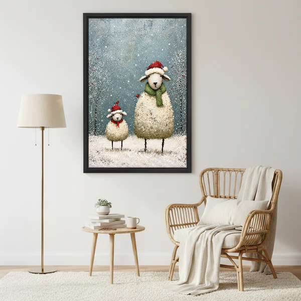 Cozy Christmas Sheep Pair Canvas Wall Art framed beside a wicker armchair and brass floor lamp.
