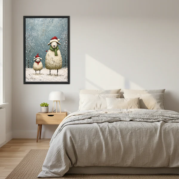 Cozy Christmas Sheep Pair Canvas Wall Art framed above cream bedding and pale wood nightstands.