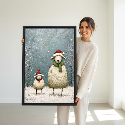 Cozy Christmas Sheep Pair Canvas Wall Art held in a black frame by a woman in cream.