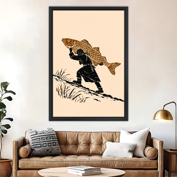 Fisherman Extraordinary Catch Canvas Wall Art framed above a brown leather sofa and brass lamp.