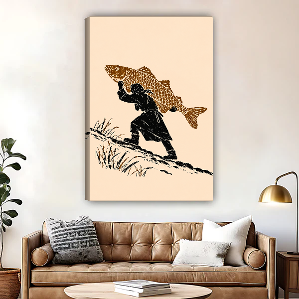 Fisherman Extraordinary Catch Canvas Wall Art unframed above a brown leather sofa and brass lamp.