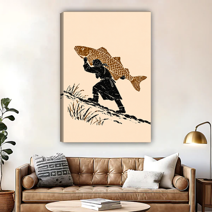 Fisherman Extraordinary Catch Canvas Wall Art unframed above a brown leather sofa and brass lamp.
