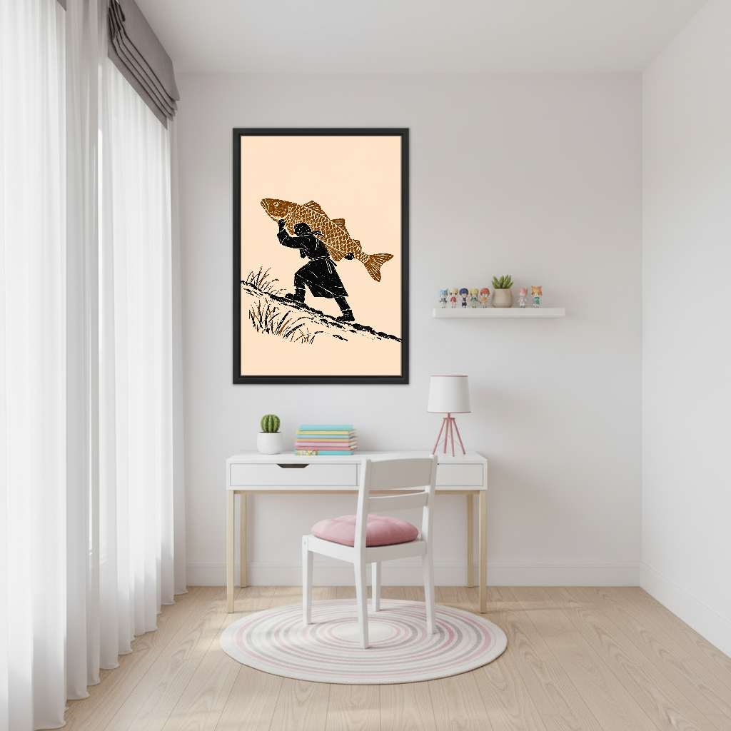 Fisherman Extraordinary Catch Canvas Wall Art framed above a white desk beside a pale pink chair.