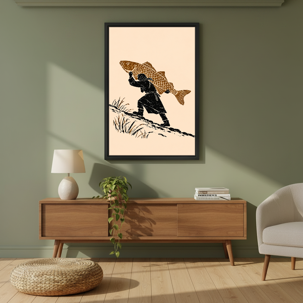 Fisherman Extraordinary Catch Canvas Wall Art framed above a wood console against an olive wall.