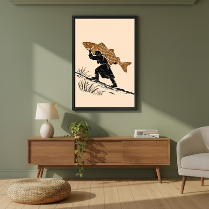 Fisherman Extraordinary Catch Canvas Wall Art framed above a wood console against an olive wall.
