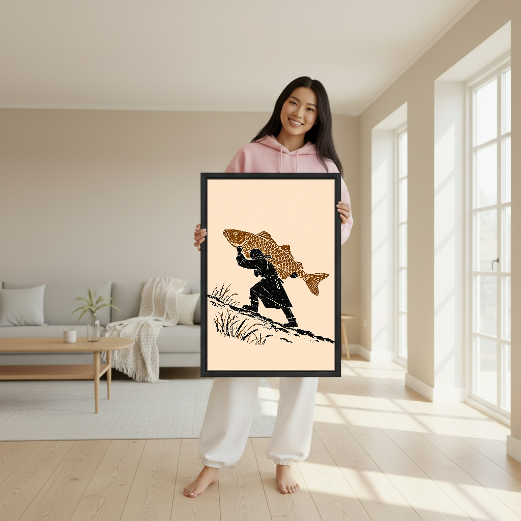 Fisherman Extraordinary Catch Canvas Wall Art held in a black frame by a woman in pink.