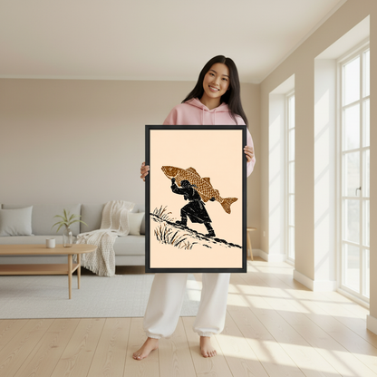 Fisherman Extraordinary Catch Canvas Wall Art held in a black frame by a woman in pink.