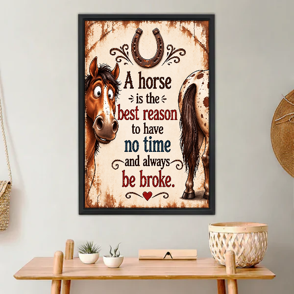 Horse Life Happy Budget Canvas Wall Art framed above a light wood console with cacti.
