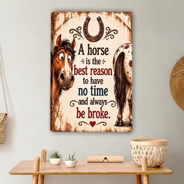 Horse Life Happy Budget Canvas Wall Art unframed above a light wood console and woven basket.