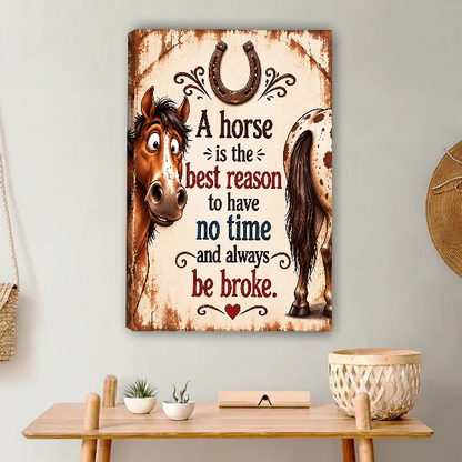 Horse Life Happy Budget Canvas Wall Art unframed above a light wood console and woven basket.