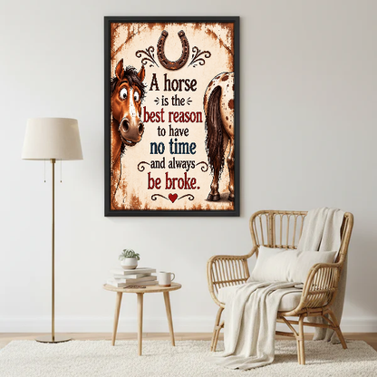 Horse Life Happy Budget Canvas Wall Art framed beside a wicker armchair and brass floor lamp.
