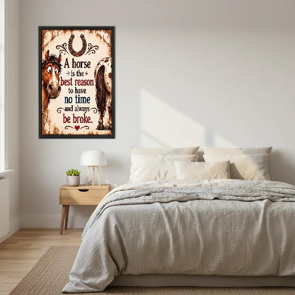 Horse Life Happy Budget Canvas Wall Art framed above cream bedding and pale wood nightstands.