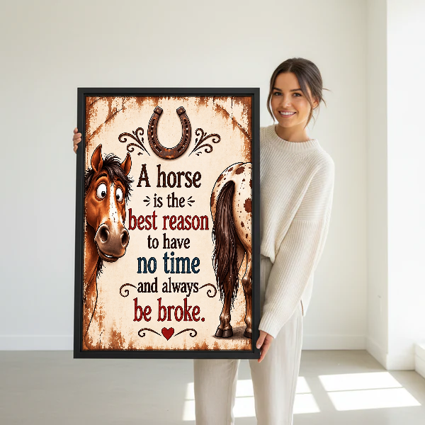 Horse Life Happy Budget Canvas Wall Art held in a black frame by a woman in cream.
