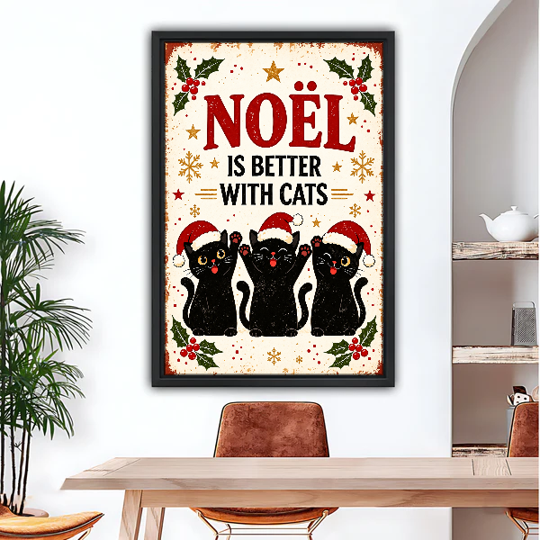 Noel Better With Cats Canvas Wall Art framed above a wood desk beneath a bright archway.