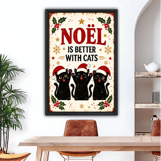 Noel Better With Cats Canvas Wall Art framed above a wood desk beneath a bright archway.
