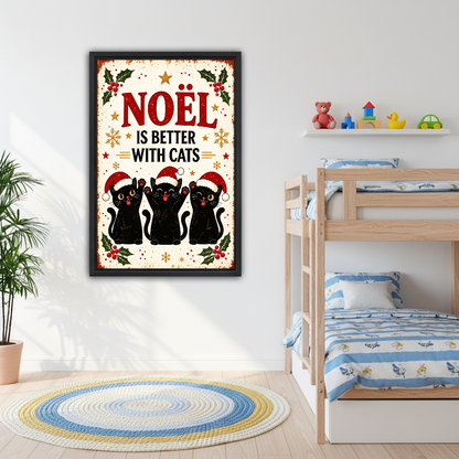Noel Better With Cats Canvas Wall Art framed above bunk beds with blue nautical bedding.