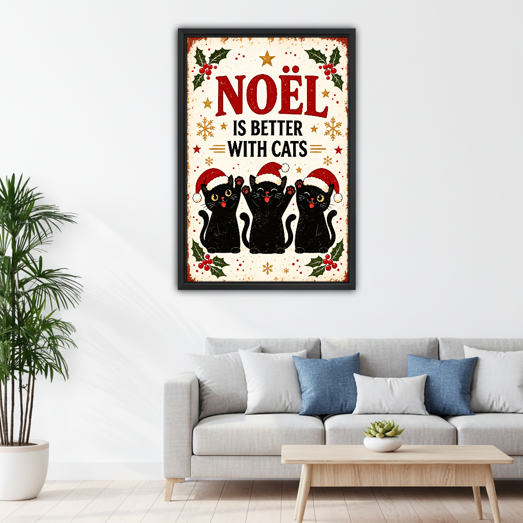 Noel Better With Cats Canvas Wall Art framed above a pale gray sofa with blue cushions.