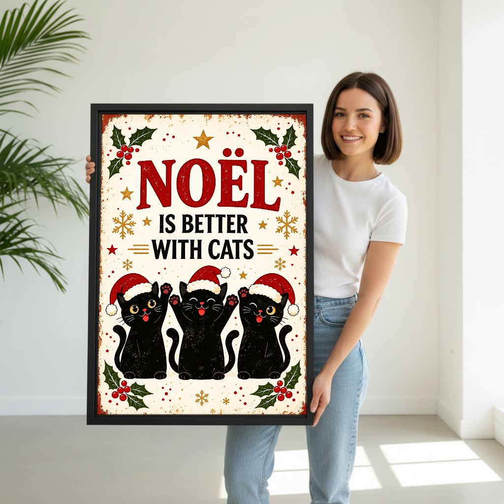 Noel Better With Cats Canvas Wall Art held by a woman in white shirt and jeans.