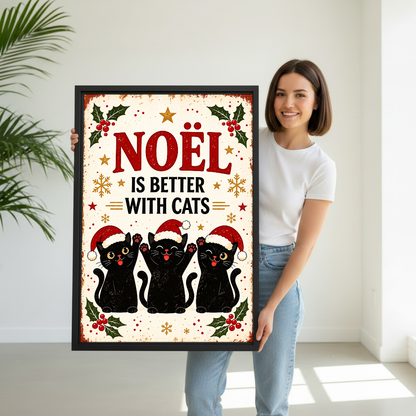 Noel Better With Cats Canvas Wall Art held by a woman in white shirt and jeans.