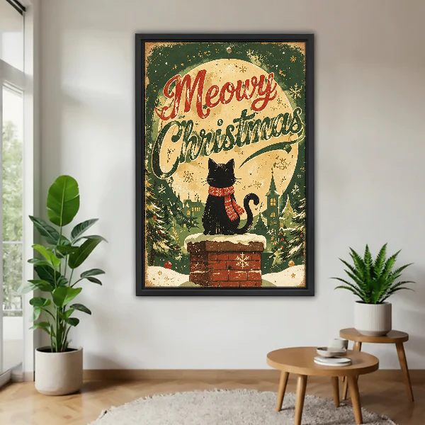 Meowry Christmas Cat Canvas Wall Art framed above a pale wood table beside green plants.