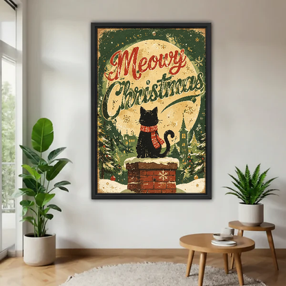 Meowry Christmas Cat Canvas Wall Art framed above a pale wood table beside green plants.