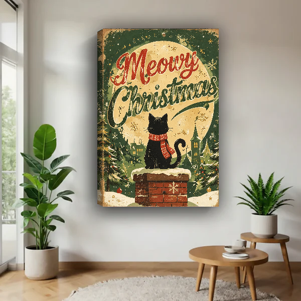 Meowry Christmas Cat Canvas Wall Art unframed above a pale wood table beside green plants.