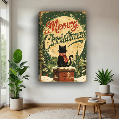 Meowry Christmas Cat Canvas Wall Art unframed above a pale wood table beside green plants.