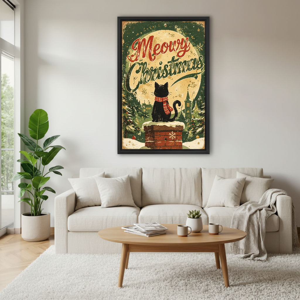 Meowry Christmas Cat Canvas Wall Art framed above a cream sofa and round wood table.