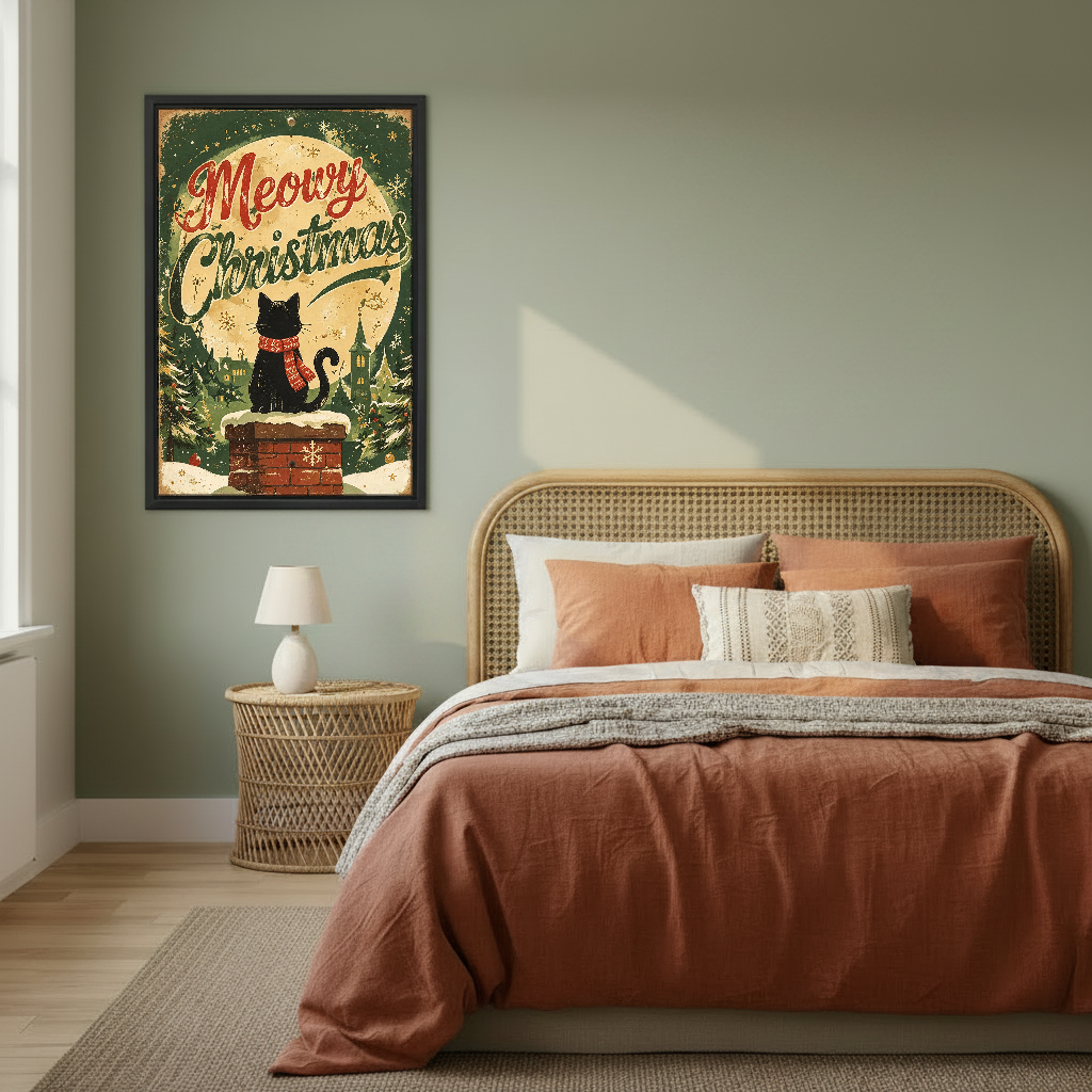 Meowry Christmas Cat Canvas Wall Art framed above rust bedding against a muted olive wall.