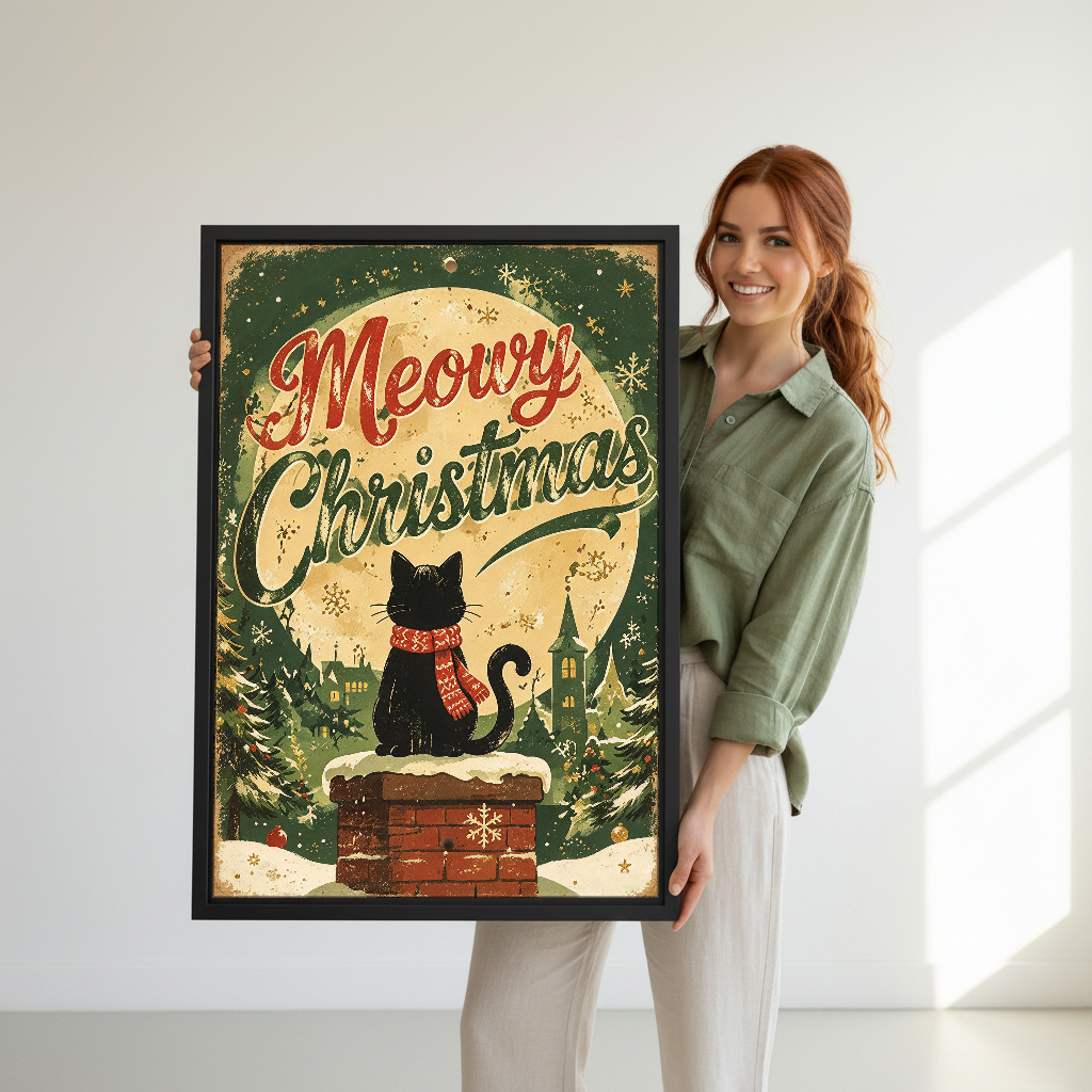 Meowry Christmas Cat Canvas Wall Art held in a black frame by a woman in green.