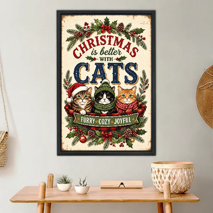 Cozy Christmas Cat Basket Canvas Wall Art framed above a light wood console with cacti.