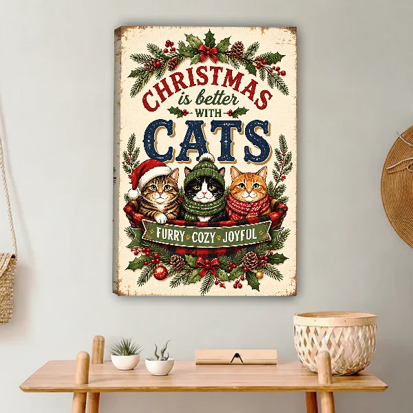 Cozy Christmas Cat Basket Canvas Wall Art unframed above a light wood console and woven basket.