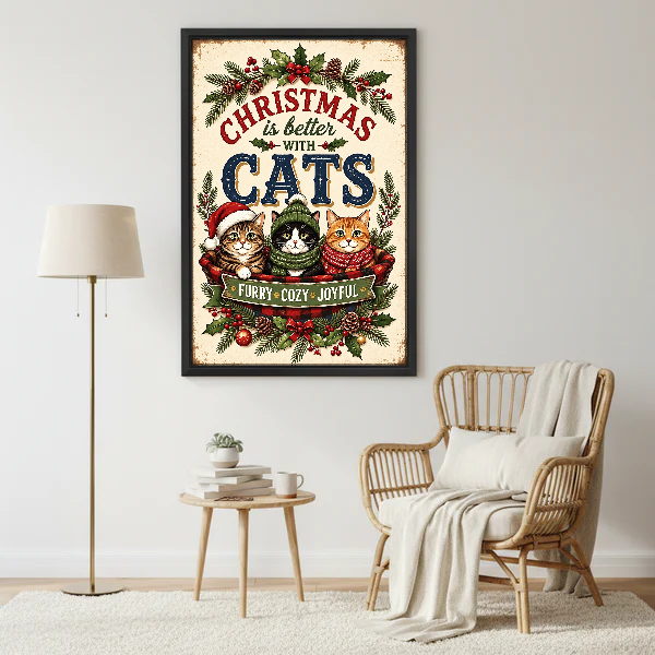 Cozy Christmas Cat Basket Canvas Wall Art framed beside a wicker armchair and brass floor lamp.