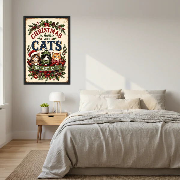 Cozy Christmas Cat Basket Canvas Wall Art framed above cream bedding and pale wood nightstands.