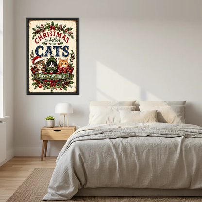 Cozy Christmas Cat Basket Canvas Wall Art framed above cream bedding and pale wood nightstands.