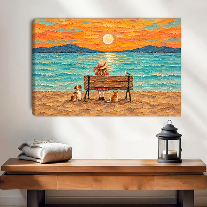Seaside Sunset With Friends Canvas Wall Art unframed above a wood console with lantern and folded linen.