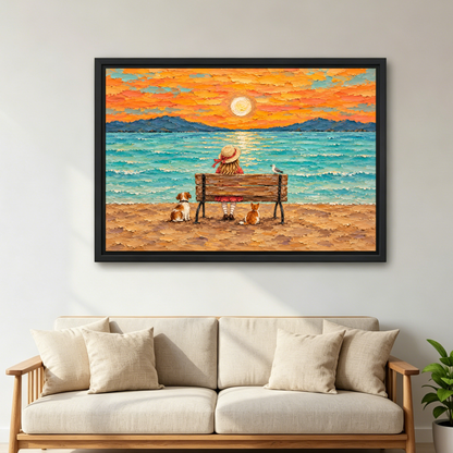 Seaside Sunset With Friends Canvas Wall Art framed above a cream sofa with wooden arms.