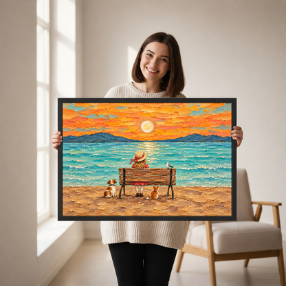 Seaside Sunset With Friends Canvas Wall Art held by a woman in a bright neutral room.