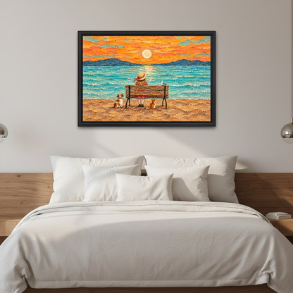 Seaside Sunset With Friends Canvas Wall Art framed above white bedding and wooden bedside tables.