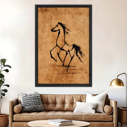 Prancing Ink Horse Canvas Wall Art framed above a brown leather sofa and brass lamp.